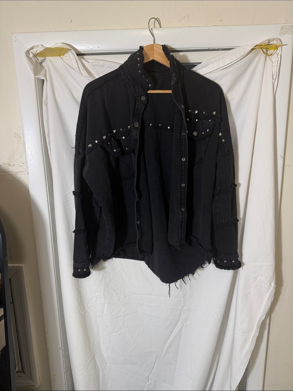 Zara Black Studded Raw-Hem Denim Jacket